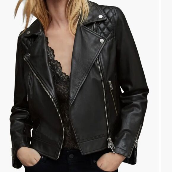 ALLSAINTS Caden Leather Biker Jacket In Black-Size US 4 - Picture 1 of 15